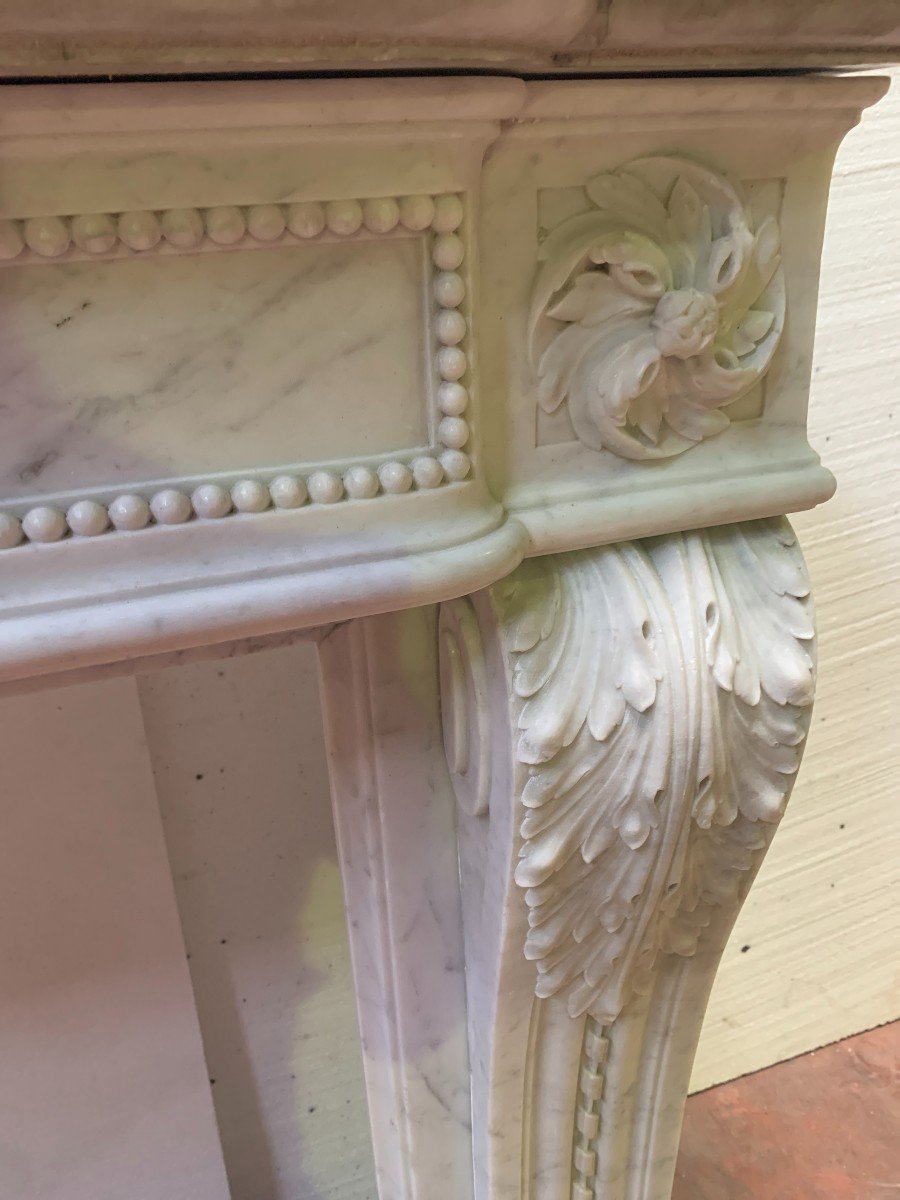 Louis XVI Style Fireplace In White Carrara Marble, 19th Century-photo-7