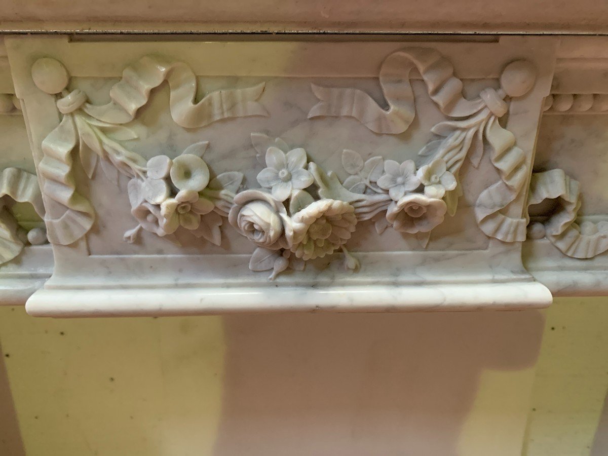 Louis XVI Style Fireplace In White Carrara Marble, 19th Century-photo-8