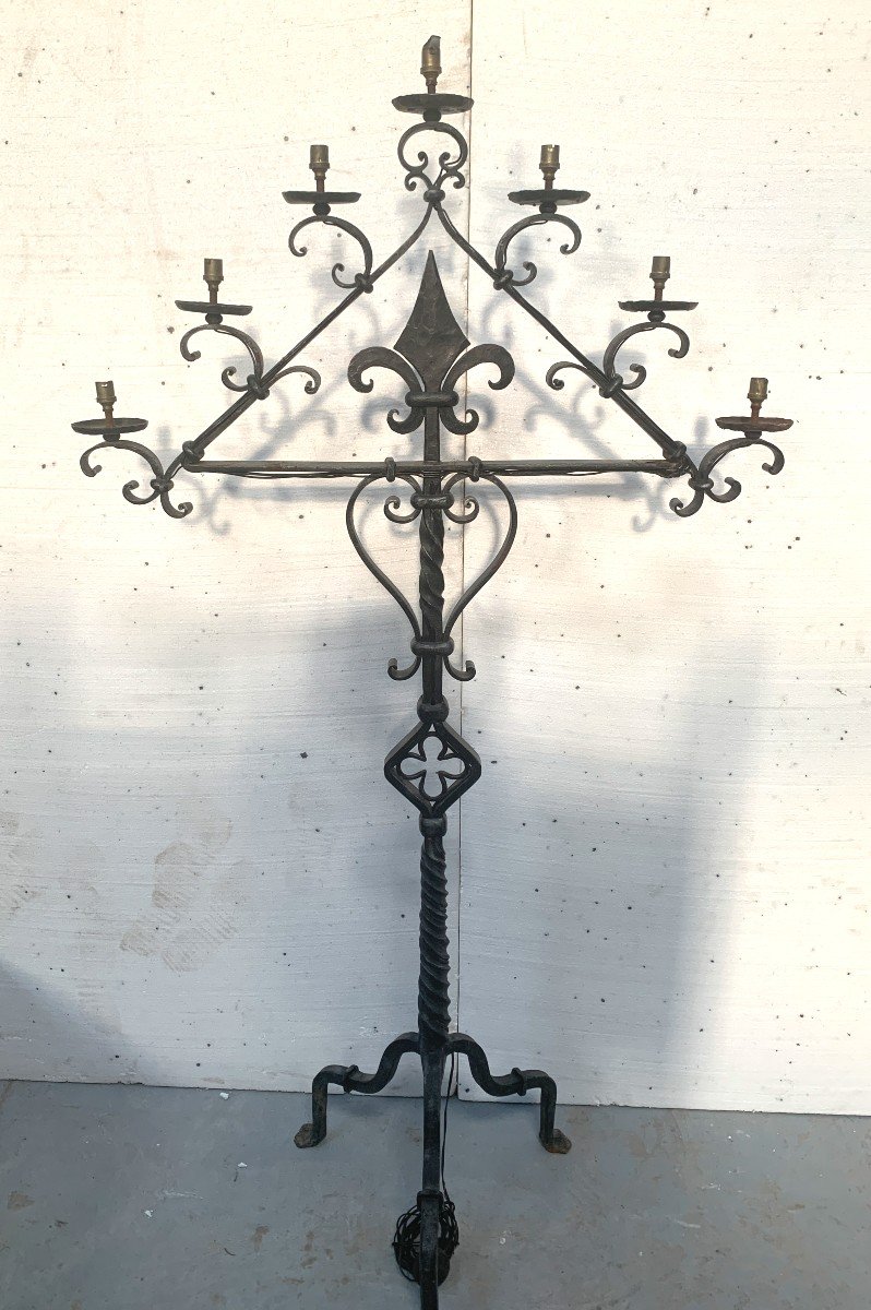 Hammered Iron Candlestick With Seven Light Points, 20th Century