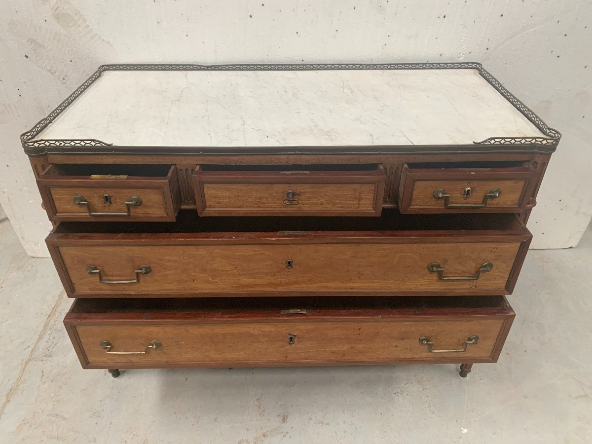 Louis XVI Style Chest Of Drawers In Mahogany With Grey Veined Marble Top, 19th Century-photo-3