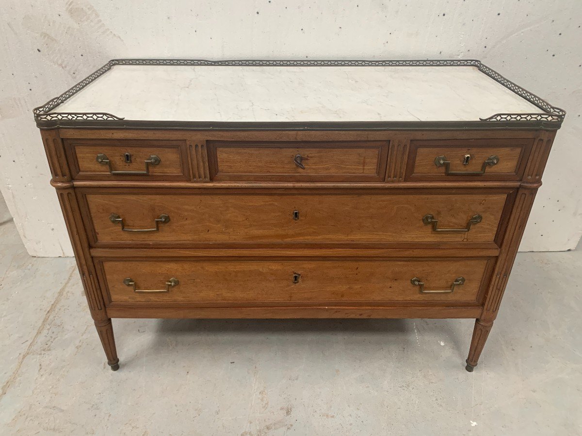 Louis XVI Style Chest Of Drawers In Mahogany With Grey Veined Marble Top, 19th Century-photo-4