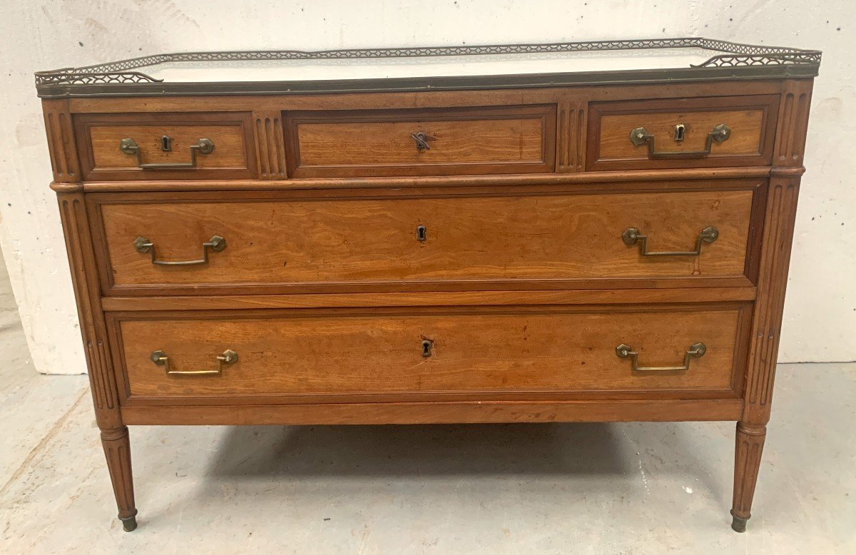 Louis XVI Style Chest Of Drawers In Mahogany With Grey Veined Marble Top, 19th Century