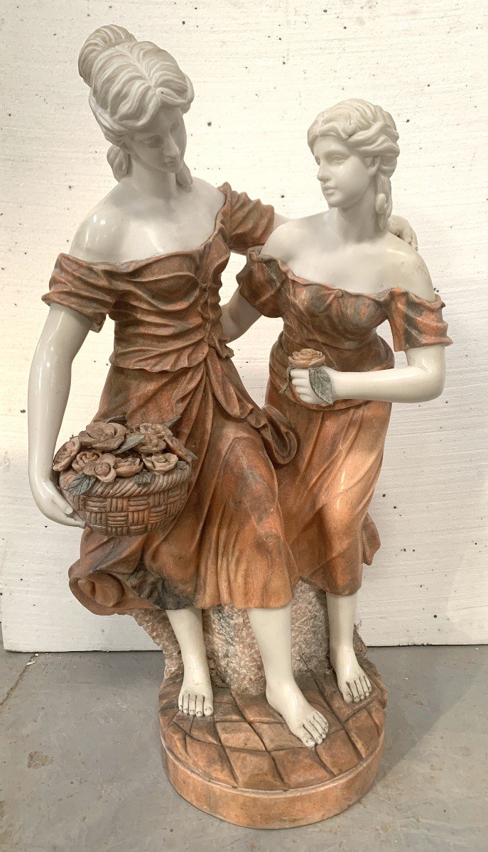 Sculpted Marble Group "two Young Women With A Basket Of Flowers" 20th Century