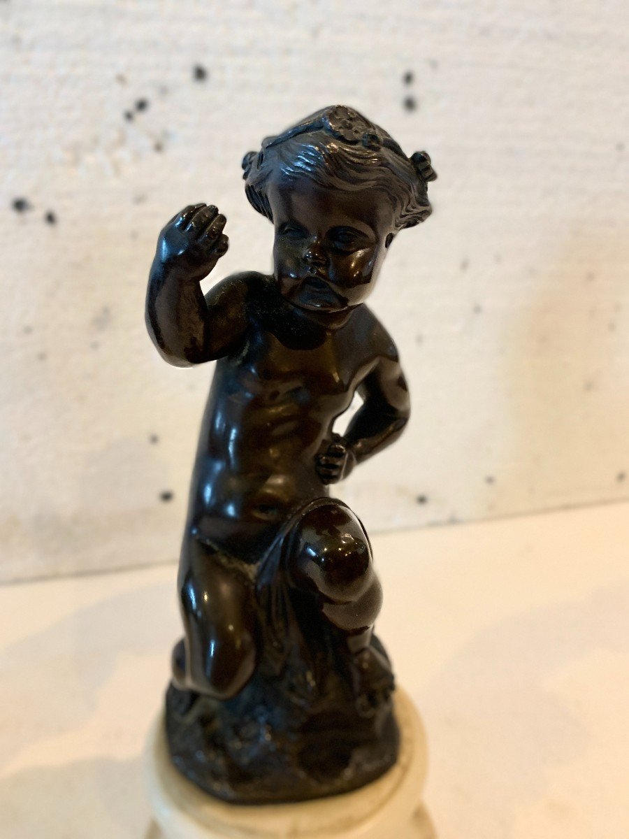 Pair Of Bronze Putti With Brown Patina On White Marble Base, 20th Century-photo-2