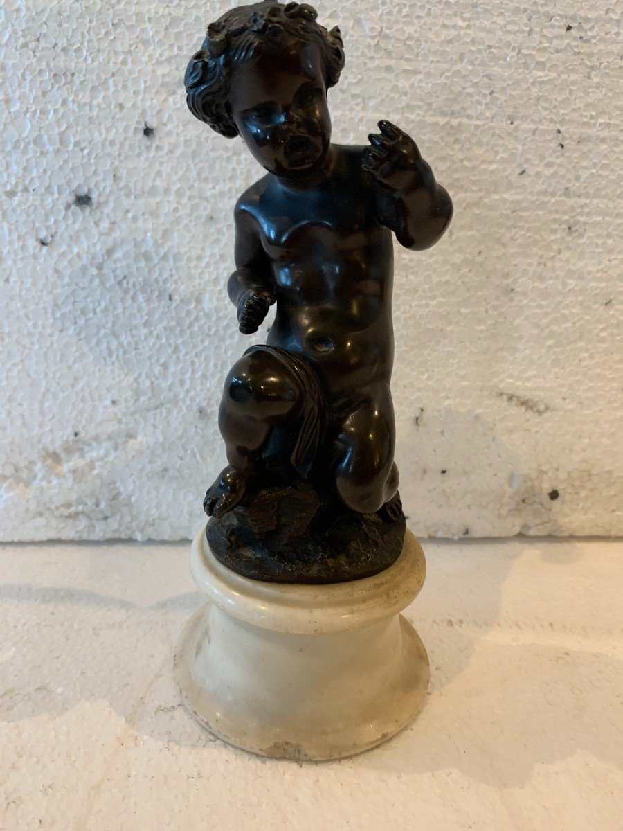 Pair Of Bronze Putti With Brown Patina On White Marble Base, 20th Century-photo-3