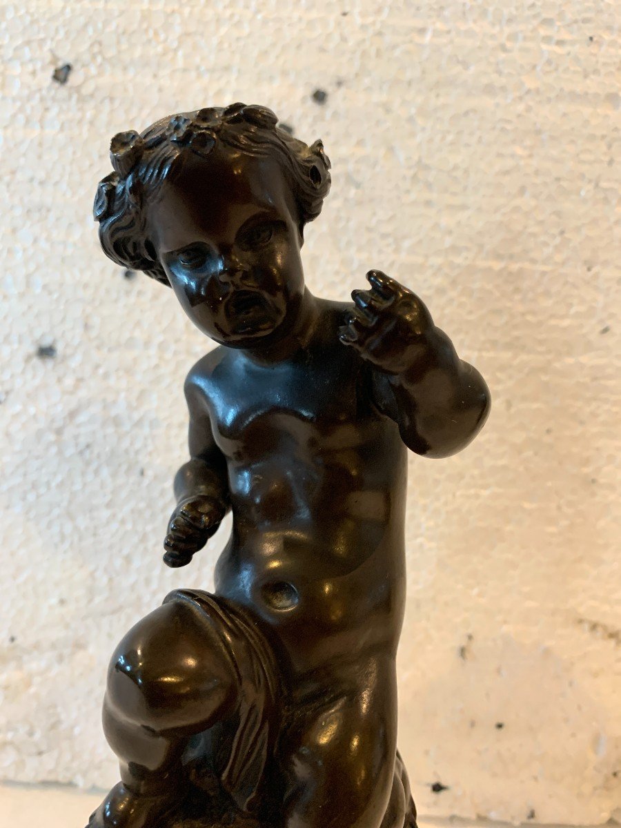 Pair Of Bronze Putti With Brown Patina On White Marble Base, 20th Century-photo-1