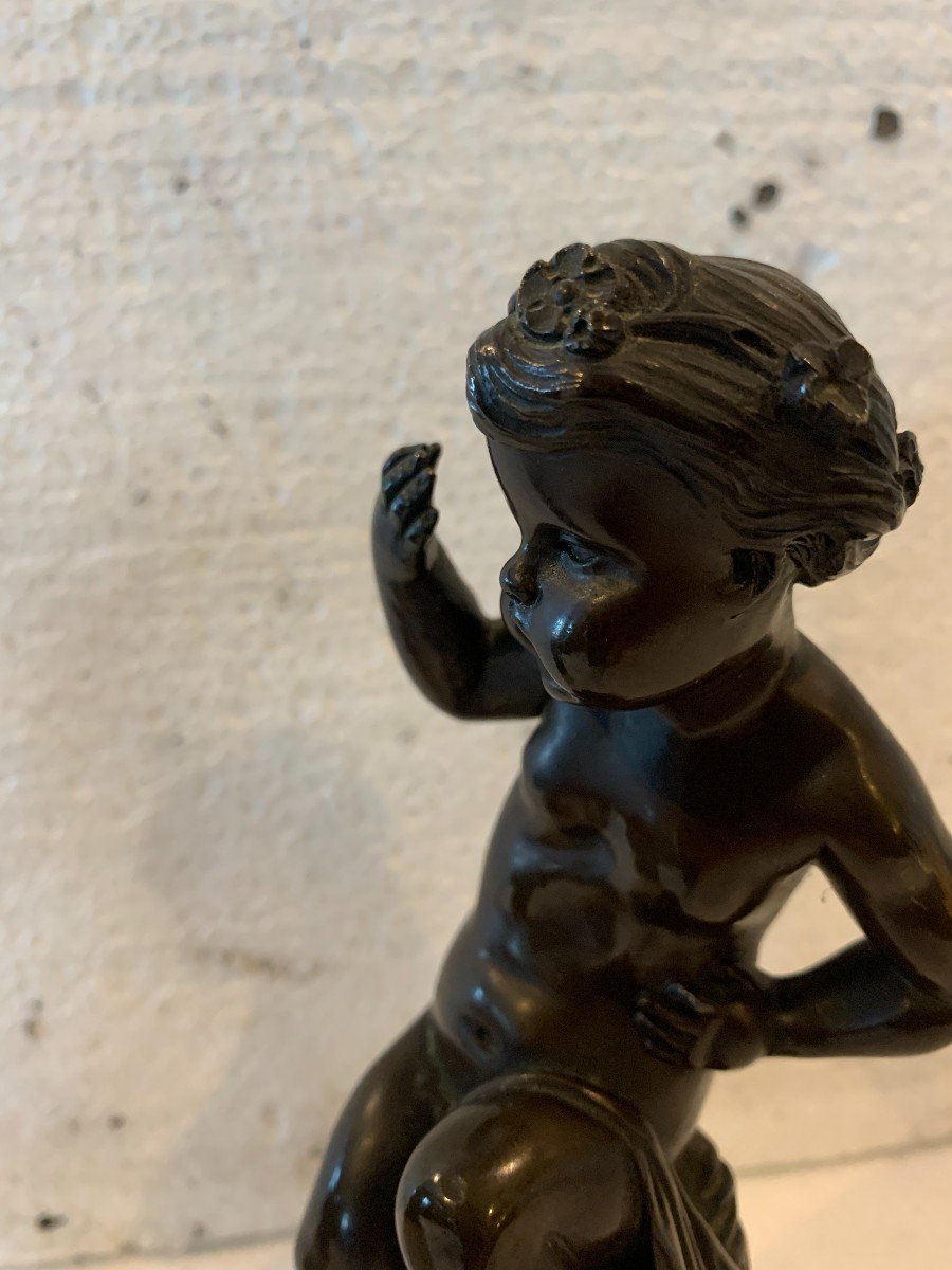 Pair Of Bronze Putti With Brown Patina On White Marble Base, 20th Century-photo-2