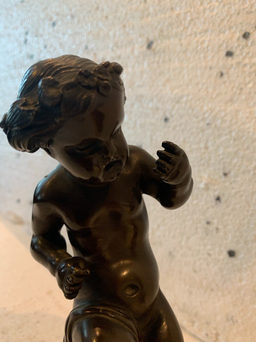 Pair Of Bronze Putti With Brown Patina On White Marble Base, 20th Century-photo-4