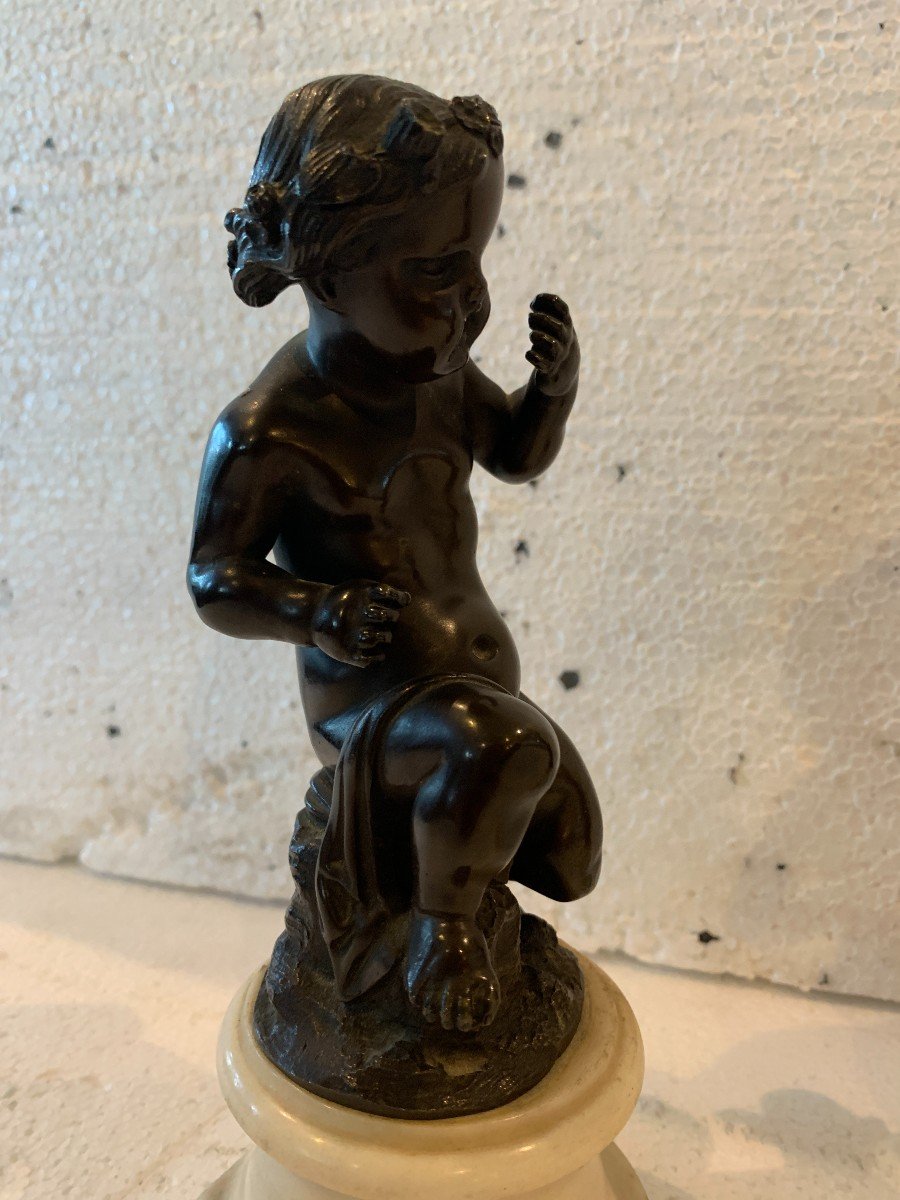 Pair Of Bronze Putti With Brown Patina On White Marble Base, 20th Century-photo-5