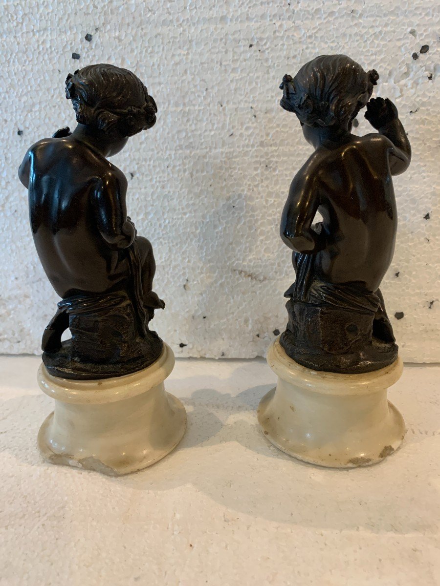 Pair Of Bronze Putti With Brown Patina On White Marble Base, 20th Century-photo-6