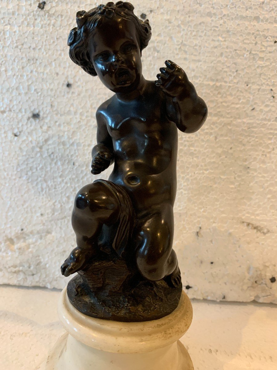 Pair Of Bronze Putti With Brown Patina On White Marble Base, 20th Century-photo-8