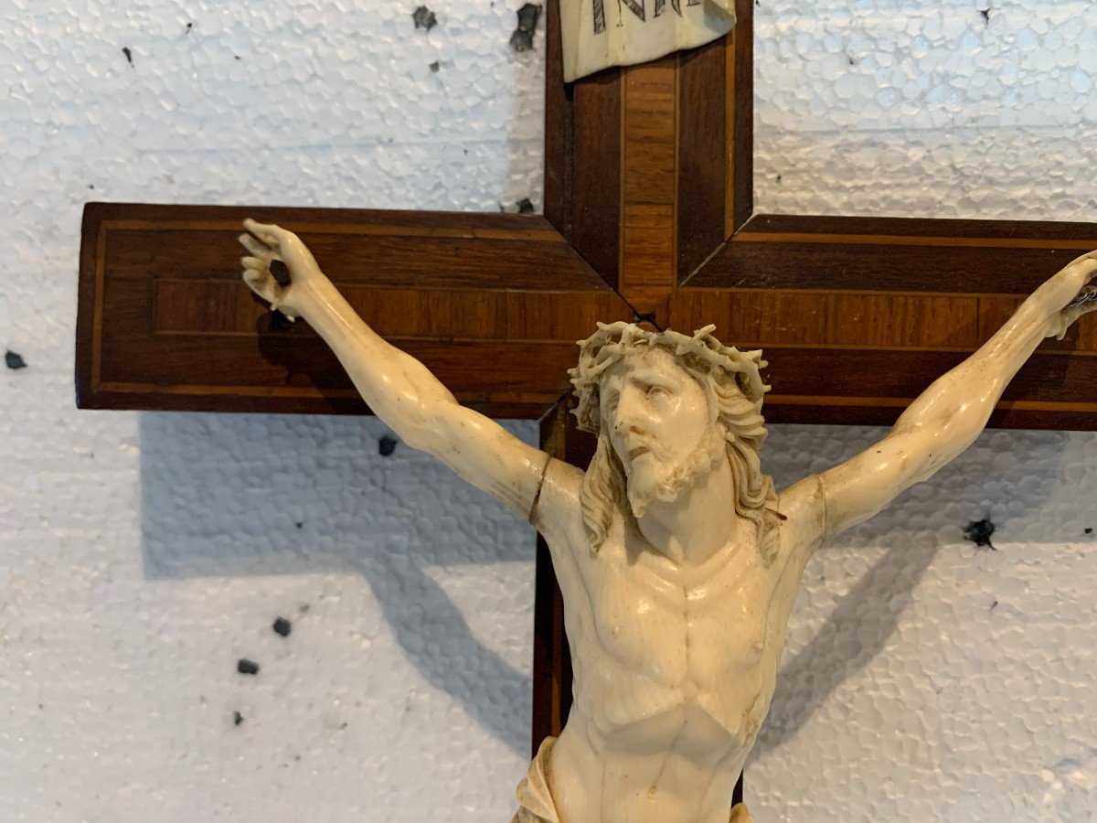 Crucifix En Bois Marqueté Objet De Dévotion Esotérisme XIX Siècle-photo-3