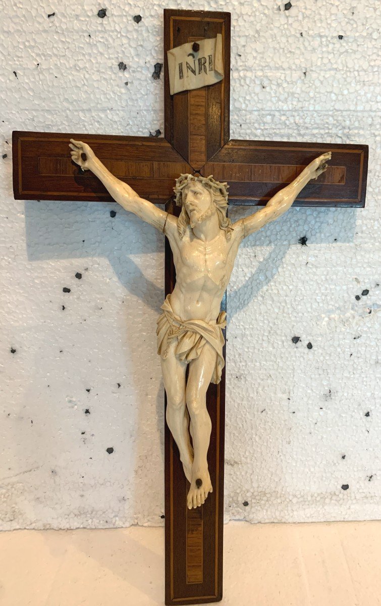 Crucifix En Bois Marqueté Objet De Dévotion Esotérisme XIX Siècle