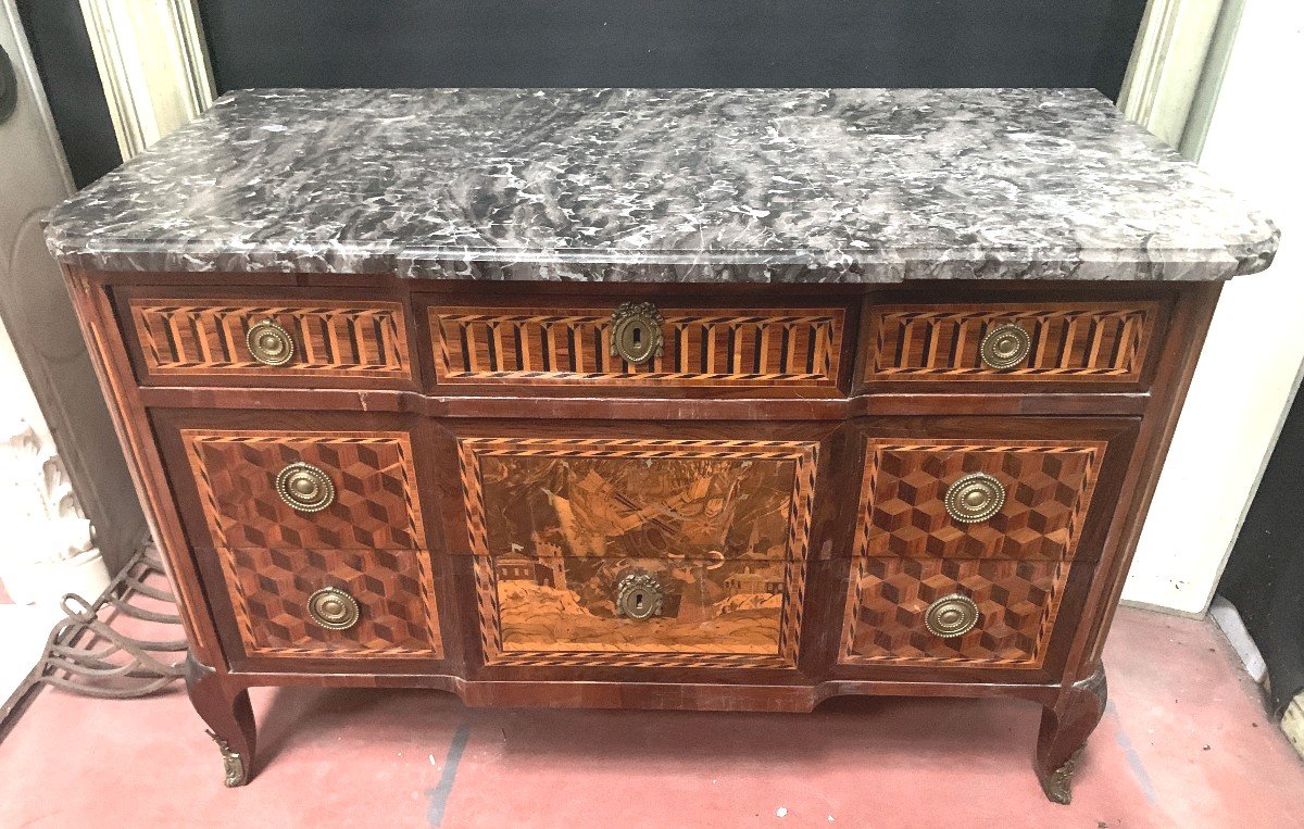 Commode Transition En Placage d'Acajou , De Bois De Rose Et Amarante XIX Siècle