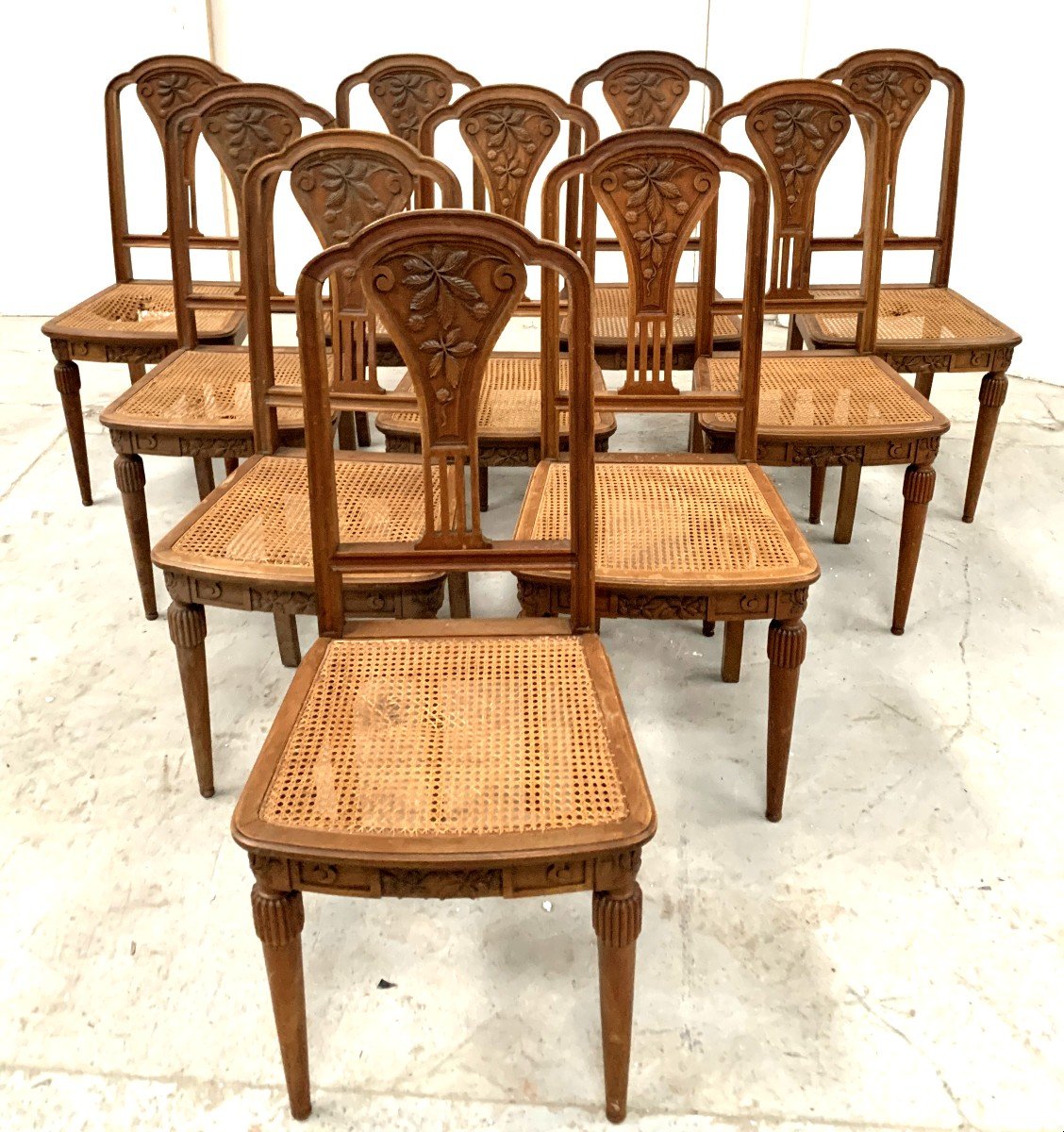 Set Of Ten Art Deco Chairs In Solid Walnut, 20th Century