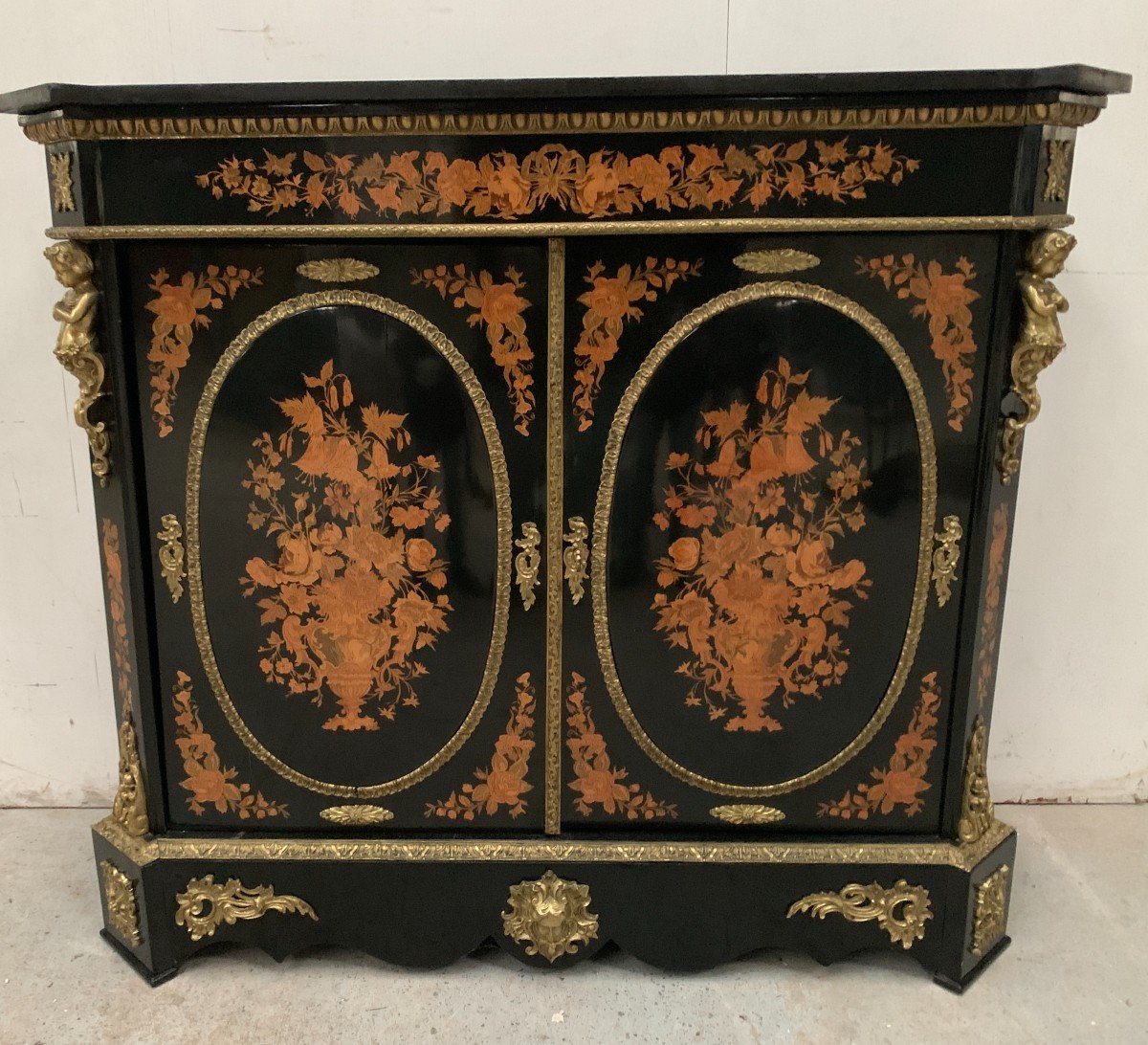 Napoleon III Furniture In Black Wood And Light Wood Marquetry 19th Century