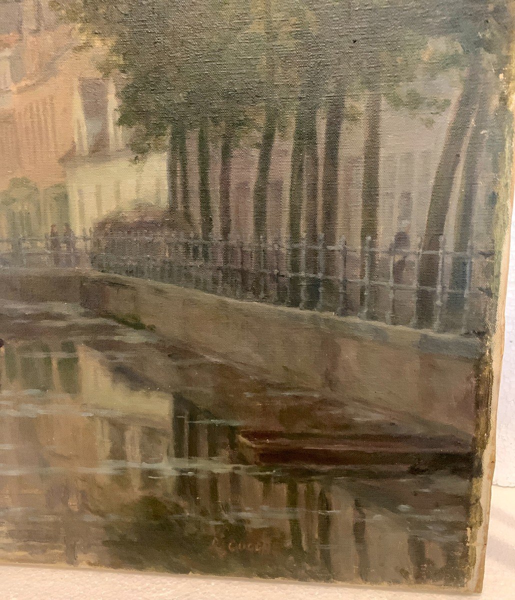 Oil On Canvas By "r Cogghe" The Canal In Town XX Century-photo-2