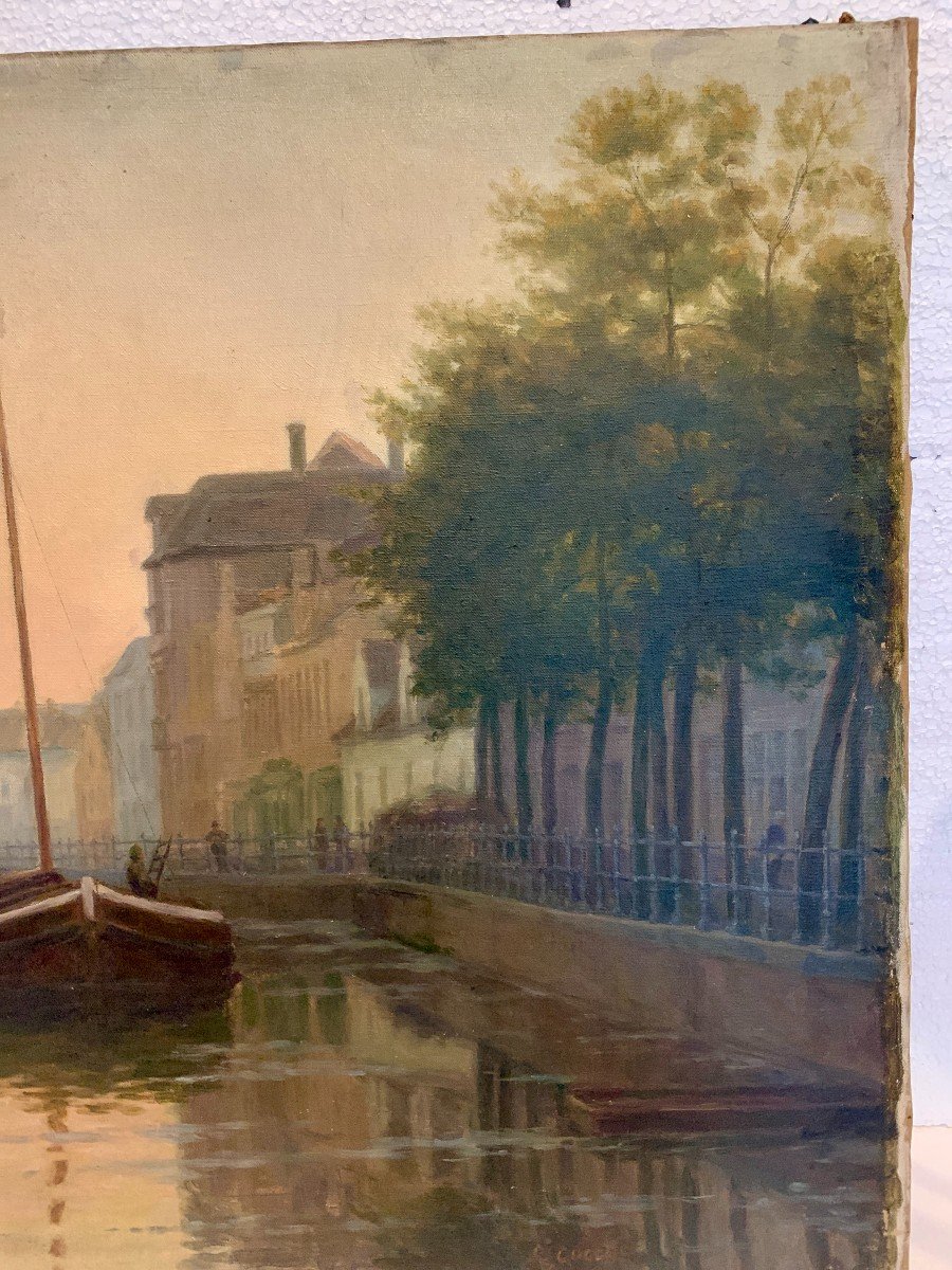 Oil On Canvas By "r Cogghe" The Canal In Town XX Century-photo-3