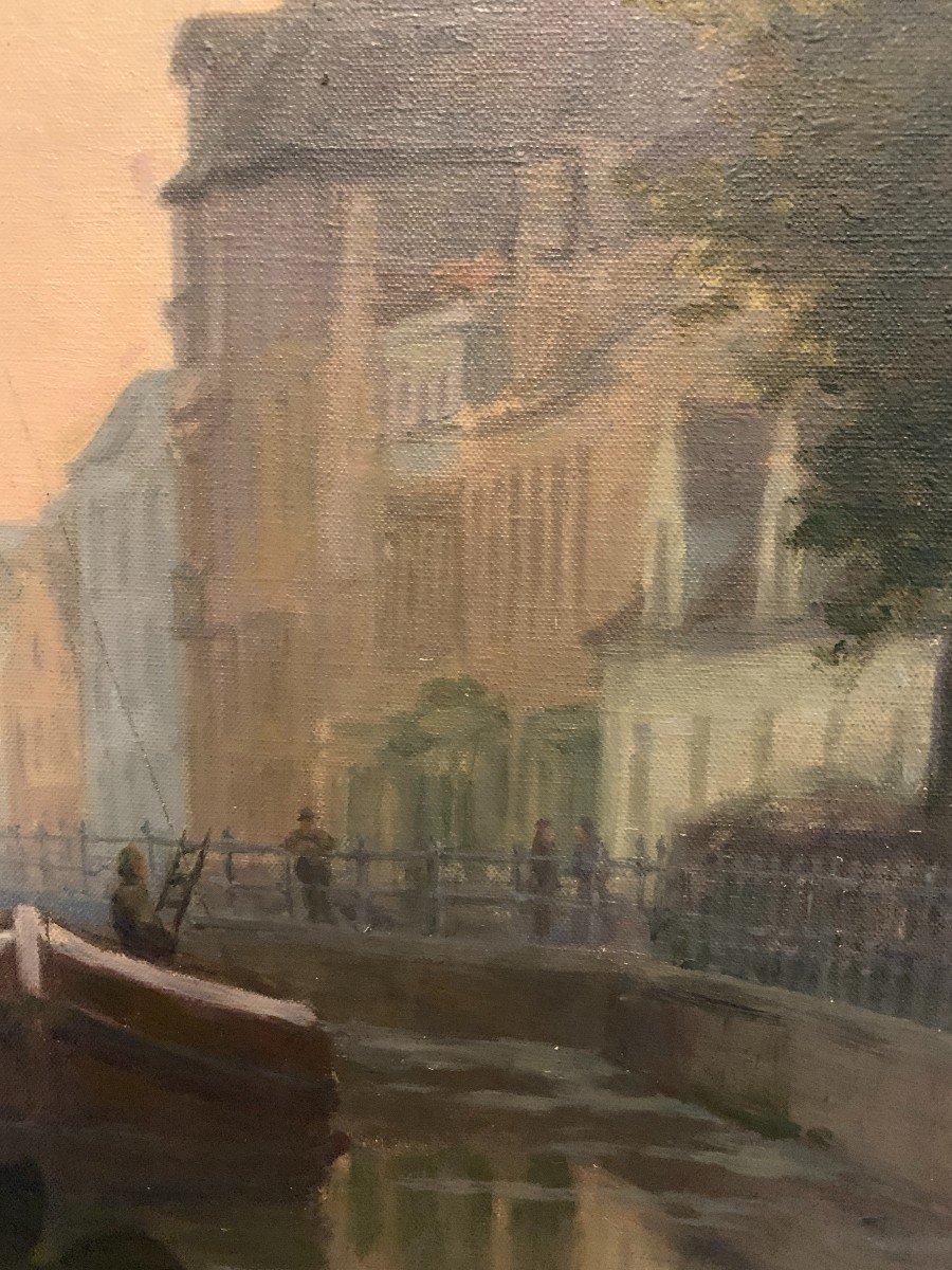 Oil On Canvas By "r Cogghe" The Canal In Town XX Century-photo-4