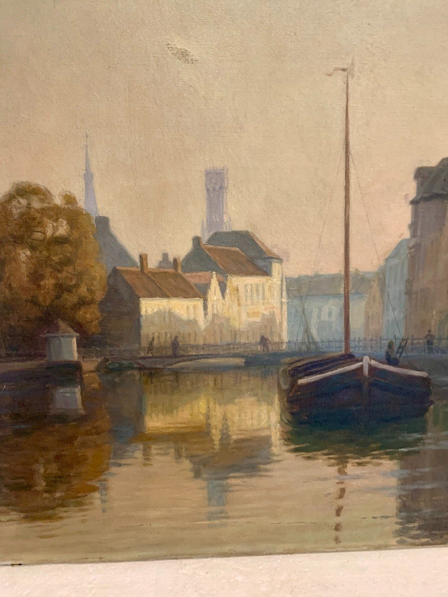 Oil On Canvas By "r Cogghe" The Canal In Town XX Century-photo-3