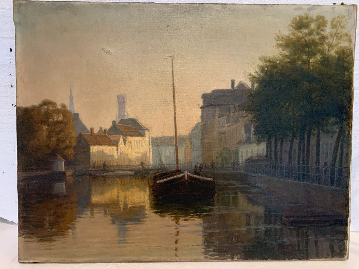 Oil On Canvas By "r Cogghe" The Canal In Town XX Century-photo-4