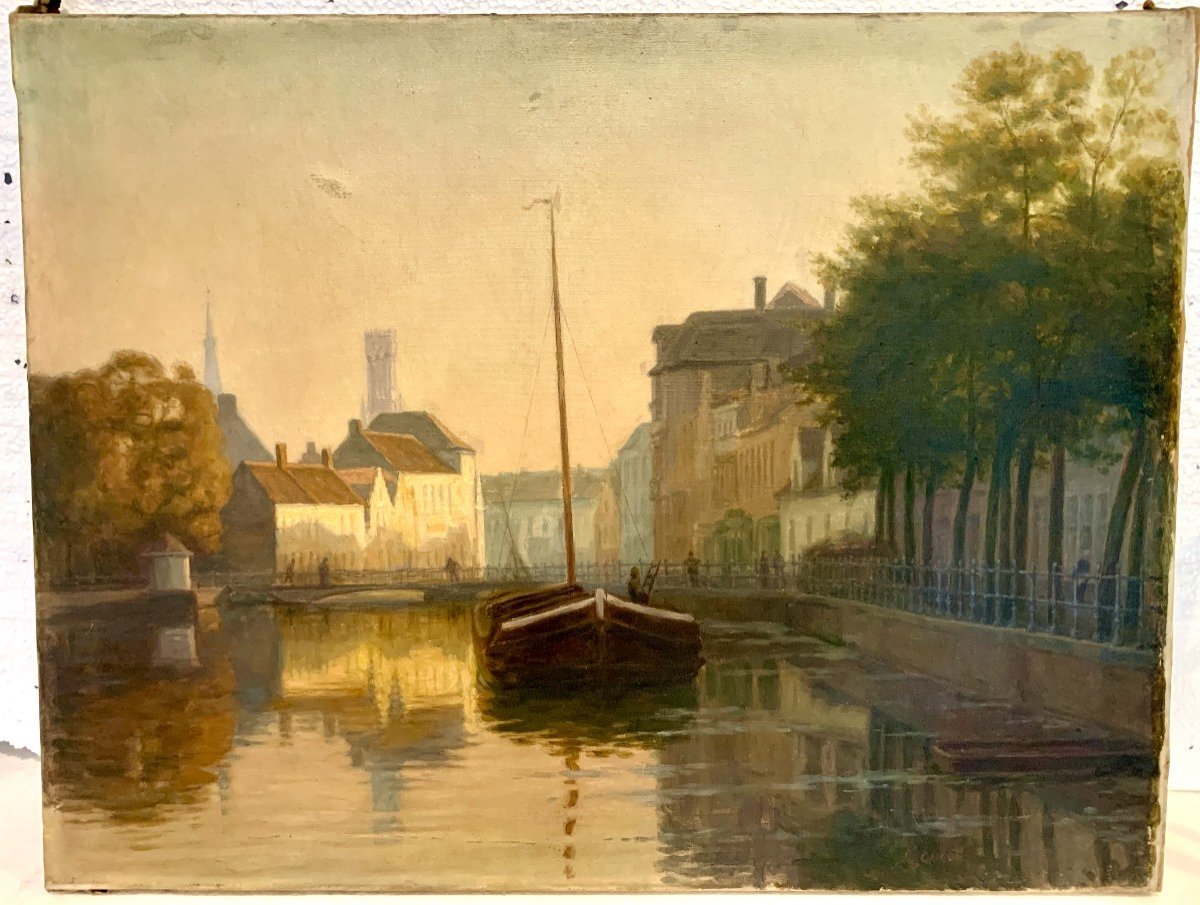 Oil On Canvas By "r Cogghe" The Canal In Town XX Century