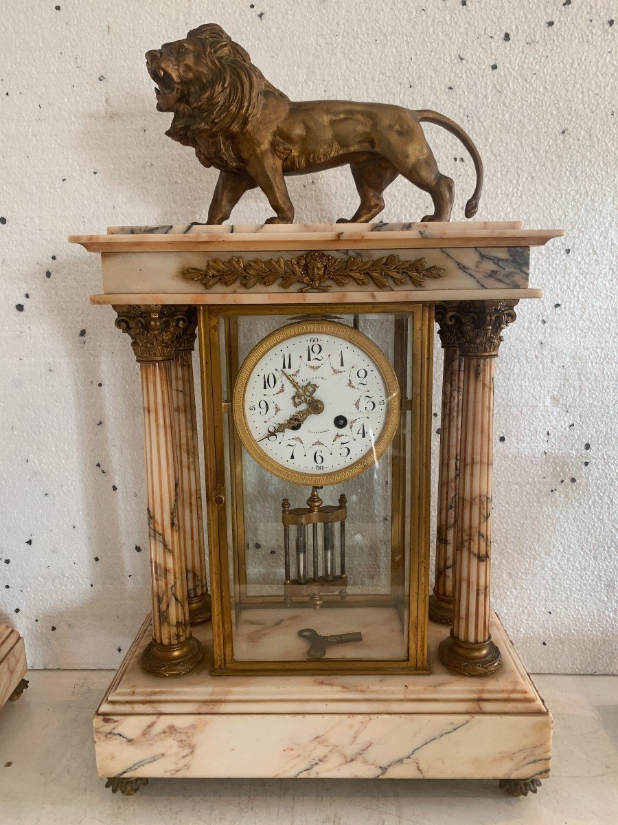 Garniture De Cheminée Au Lion En Marbre Et Bronze XIX Siècle-photo-2