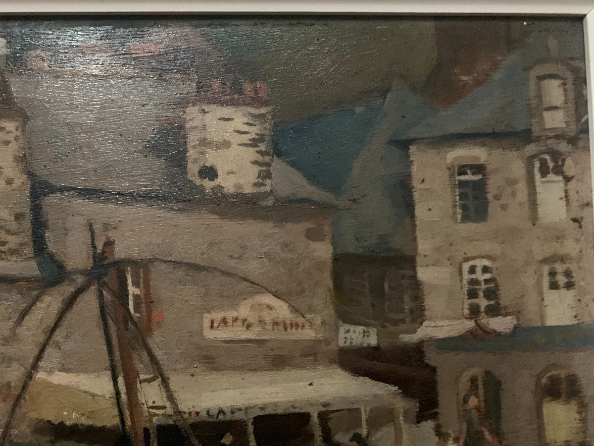 Framed Oil On Canvas "view Of The Port" 20th Century-photo-3