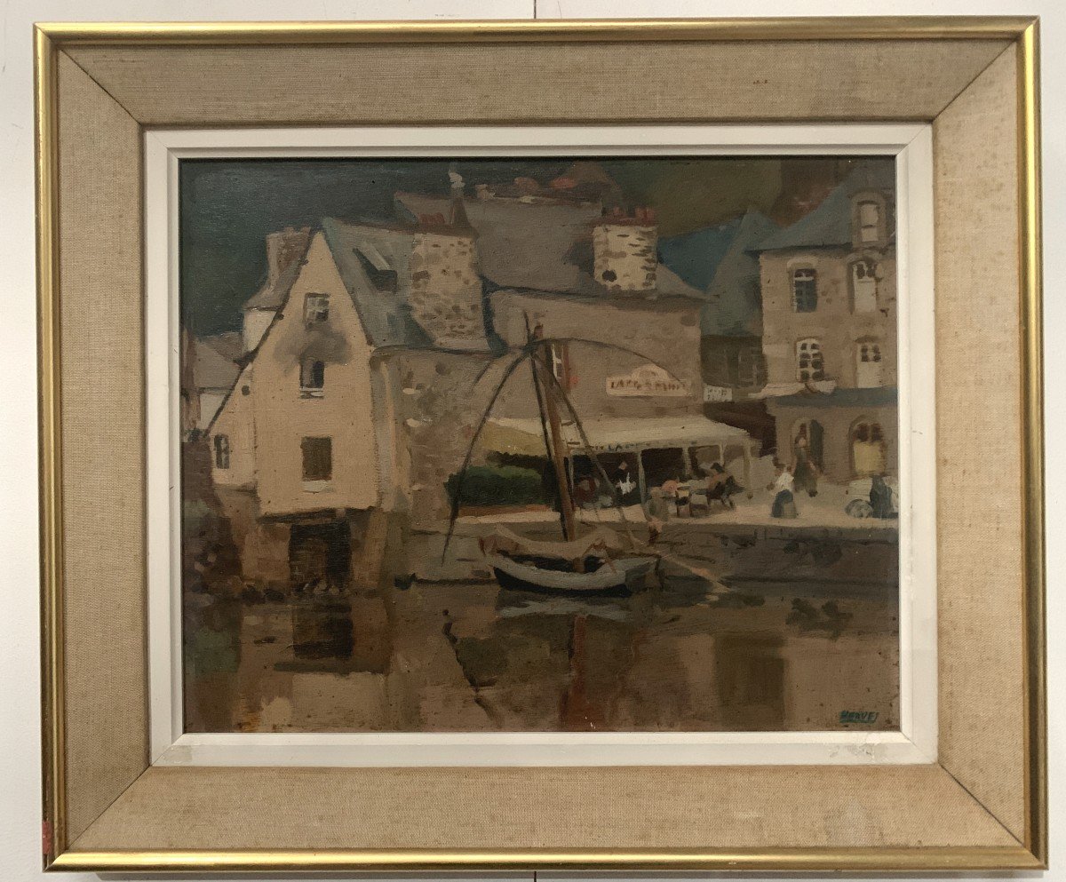 Framed Oil On Canvas "view Of The Port" 20th Century