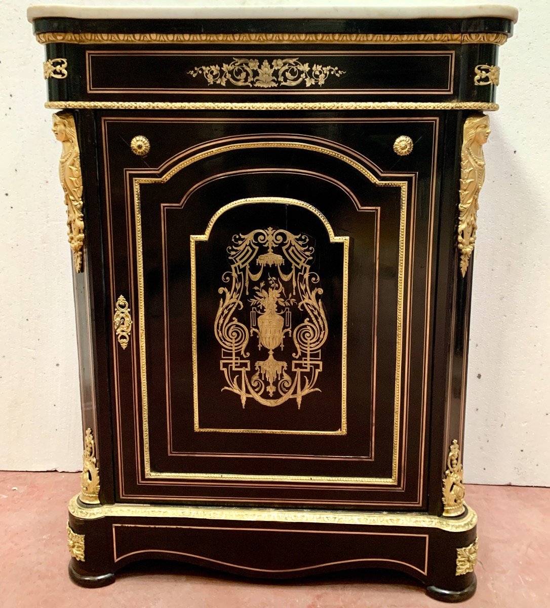 Meuble A Hauteur d'Appui Napoléon III En Bois Et Marqueterie De Laiton XIX Siècle  