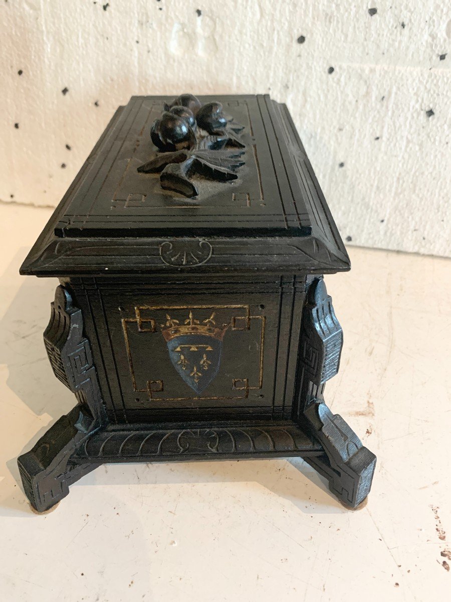 Black Wooden Jewelry Box Carved With Polychrome Decoration 19th Century-photo-8