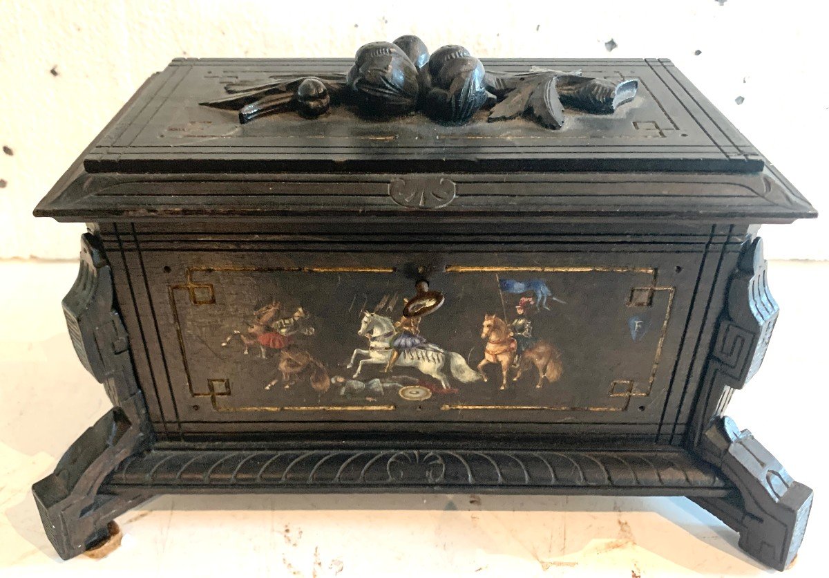 Black Wooden Jewelry Box Carved With Polychrome Decoration 19th Century