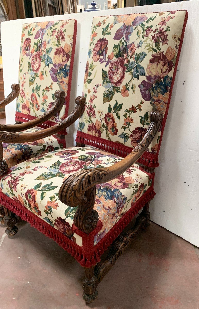 Pair Of Renaissance Style Armchairs In Solid Walnut, 19th Century-photo-2