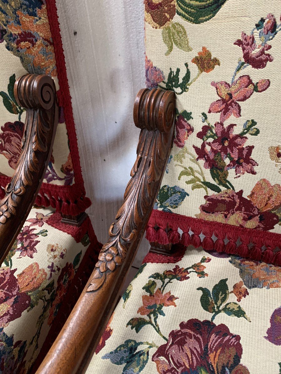 Pair Of Renaissance Style Armchairs In Solid Walnut, 19th Century-photo-3