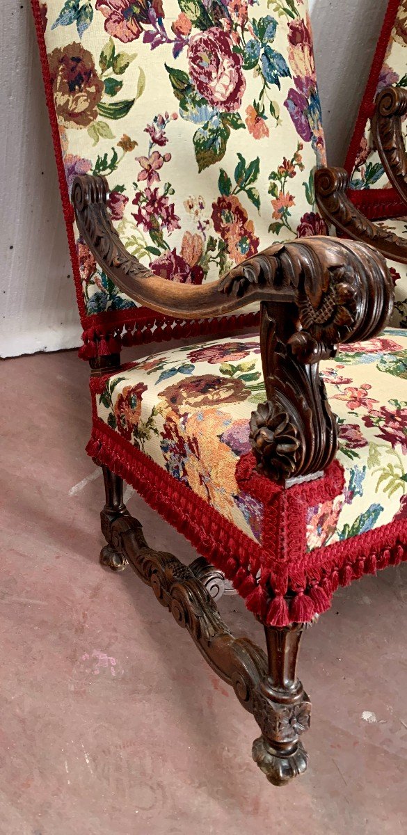 Pair Of Renaissance Style Armchairs In Solid Walnut, 19th Century-photo-3