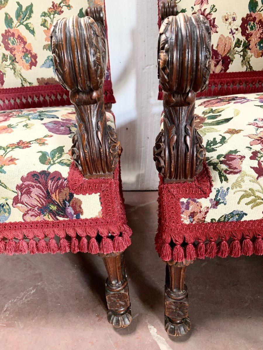 Pair Of Renaissance Style Armchairs In Solid Walnut, 19th Century-photo-5