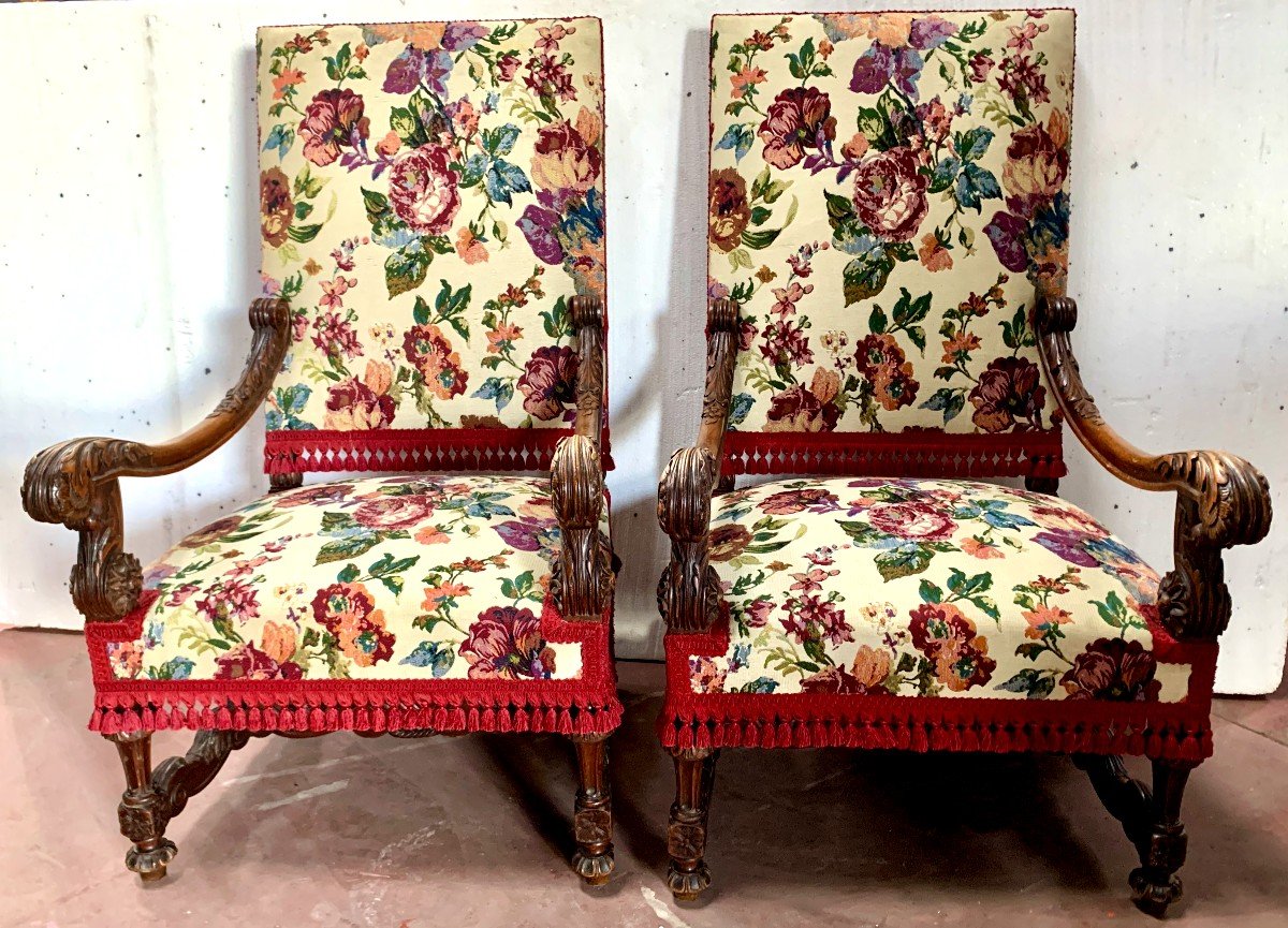 Pair Of Renaissance Style Armchairs In Solid Walnut, 19th Century