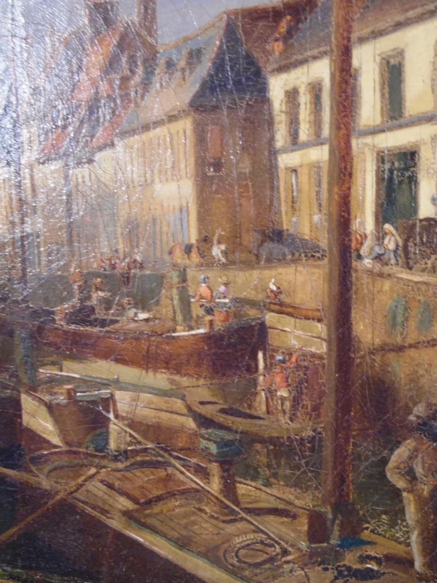 Tableau Peinture À l'Huile Sujet Port Animée Signée - E - Bozière-photo-3