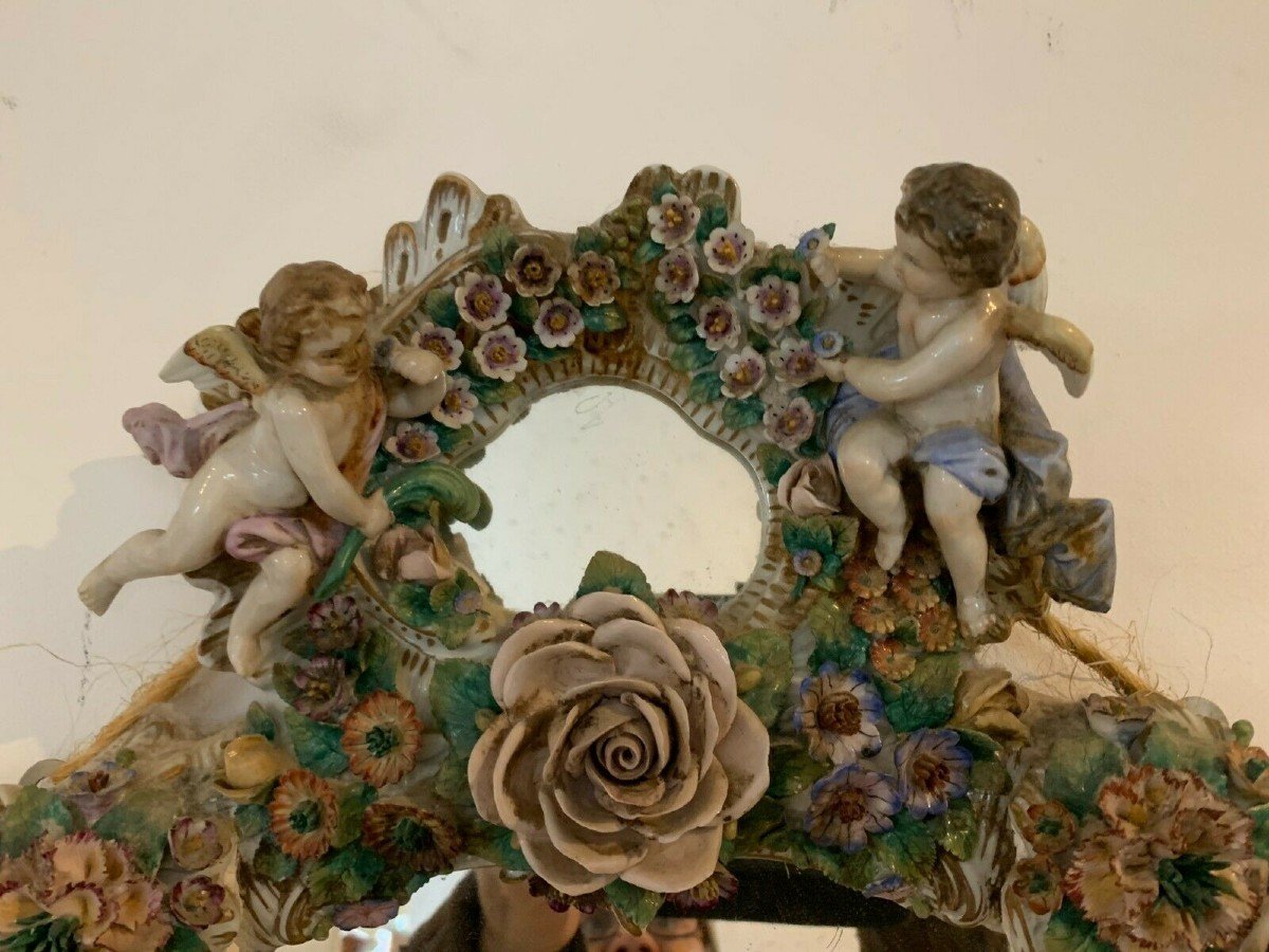 Pair Of Mirrors With Candlesticks In Polychrome Porcelain German Porcelain-photo-3