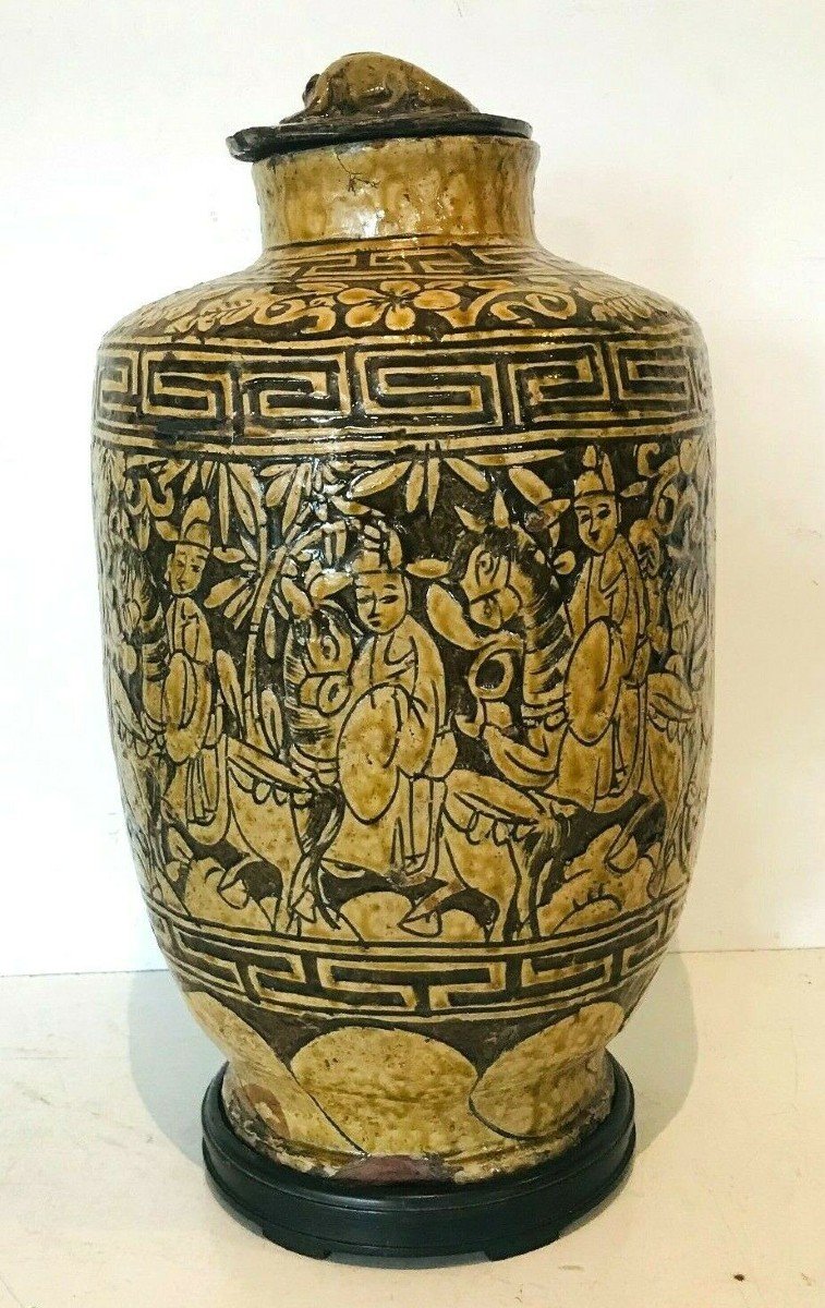 Covered Vase In Cracked Earthenware With Chinese Decor XIX Century-photo-2