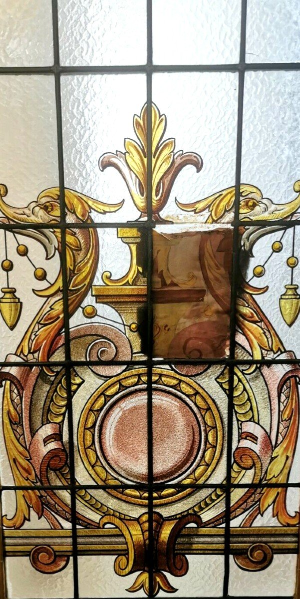 Suite Of Three Separation Doors In Stained Glass With Floral Decor XX Century-photo-3