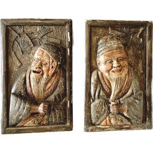 Pair Of Sconces In Carved Wood With Chinese Decor XX Century