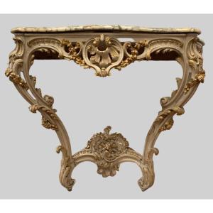 Louis XV Style Carved Console In Painted And Gilded Wood XX Century