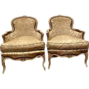 Pair Of Louis XV Style Bergeres In Polychrome Wood XX Century