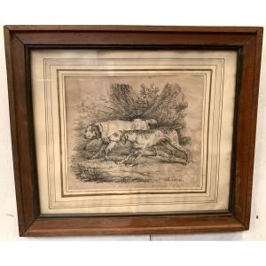 Framed Engraving Decorated With Two Dogs At The Stop XIX Century