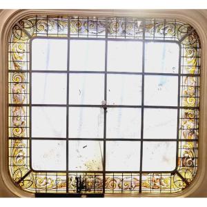 Ceiling Canopy In Painted Glass With Floral Decor XX Century