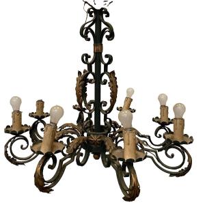 Louis XV Style Chandelier In Wrought And Hammered Iron 20th Century