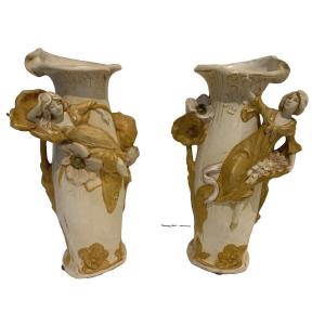 Pair Of Royal Dux Bohemia Porcelain Vases XX Century German Porcelain