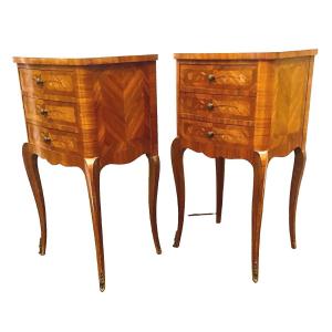 Pair Of Small Louis XV Style Chests Of Inlaid Veneer Wood 20th Century