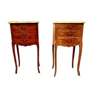 Pair Of Small Louis XV Style Chests Of Inlaid Veneer Wood 20th Century